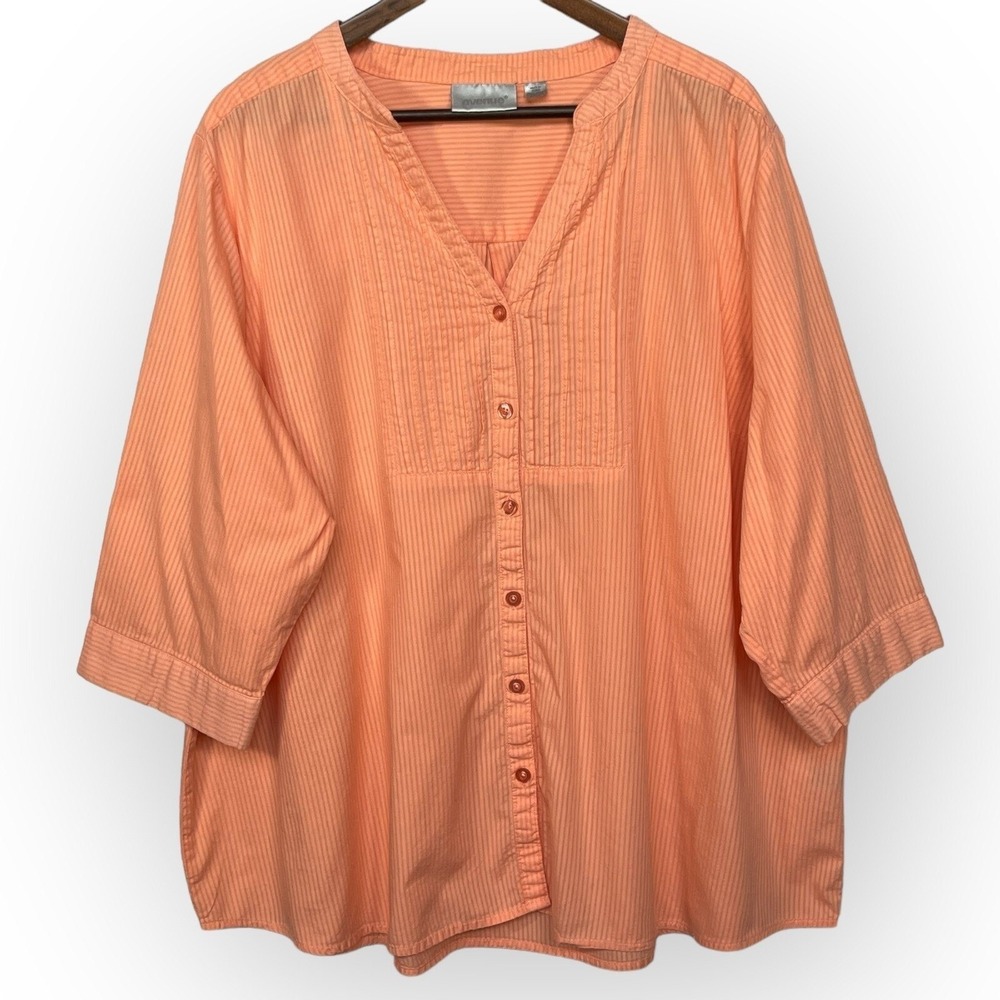 Avenue Womens Plus 26/28 Orange Striped 100% Cotton Pintuck 3/4 Roll Tab Blouse